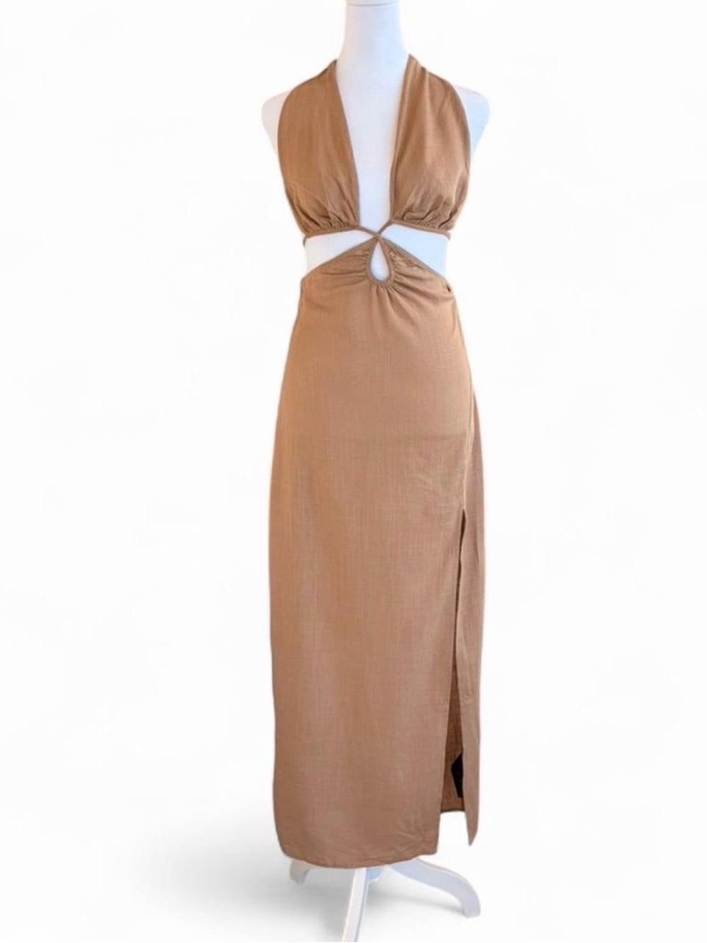 PrettyLittleThing Camel Cutout Halter Maxi Dress